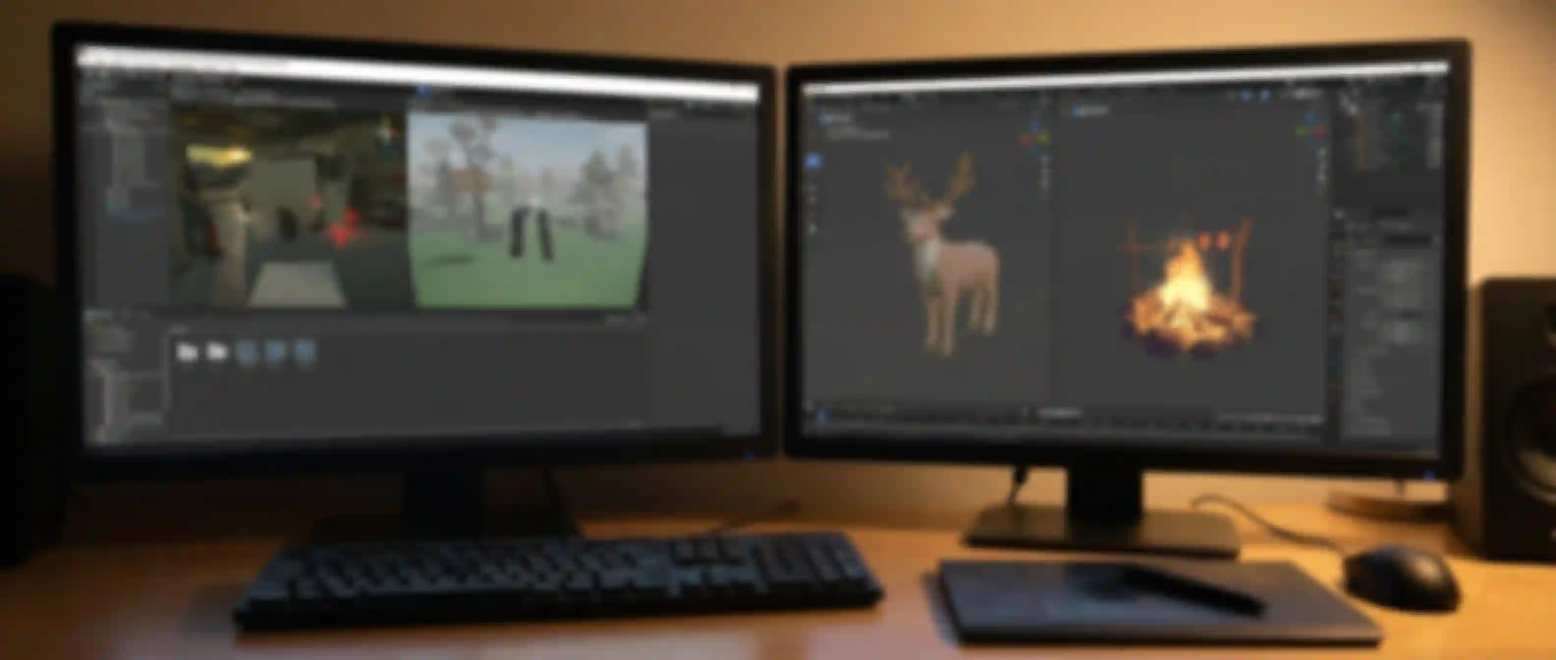 Professional game development workspace with Unity and Blender - 3D modeling and game development environment